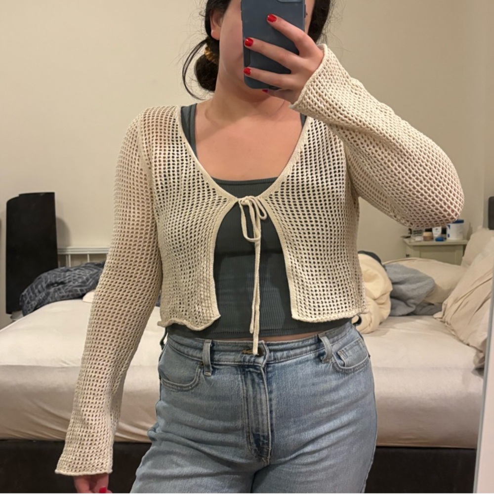BP Cream Open-Knit Tie-Front Cardigan